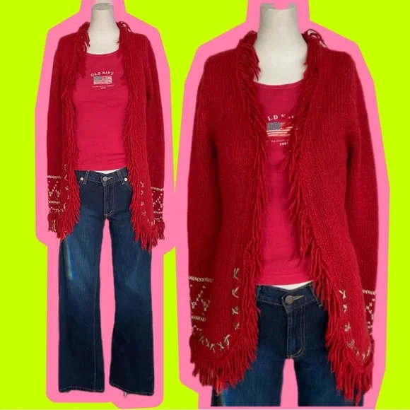Y2K Vtg Boho Fringe Cardigan ASO Mary kate and Ashely Olsen - Picture 2 of 5